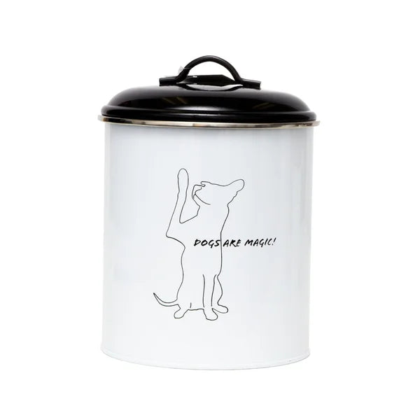 White storage canister with black lid featuring a dog illustration and 'DOGS ARE MAGIC!' text on a white background.
