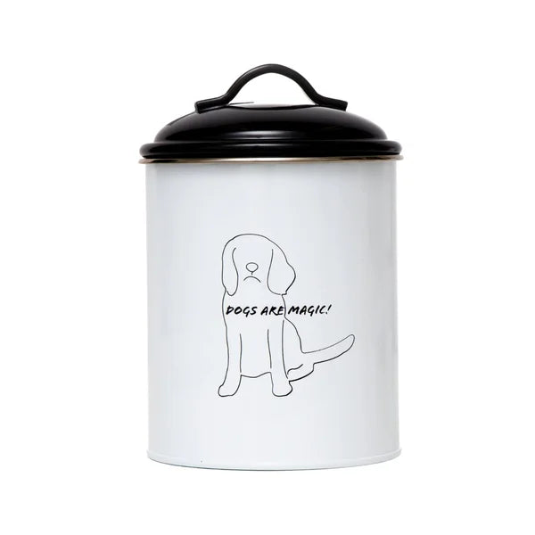 White storage jar with black lid featuring a dog illustration and 'DOGS ARE MAGIC!' text on a white background.