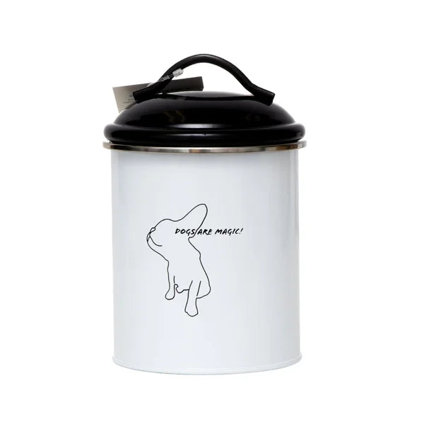 White pet food container with black lid and dog illustration on a white background