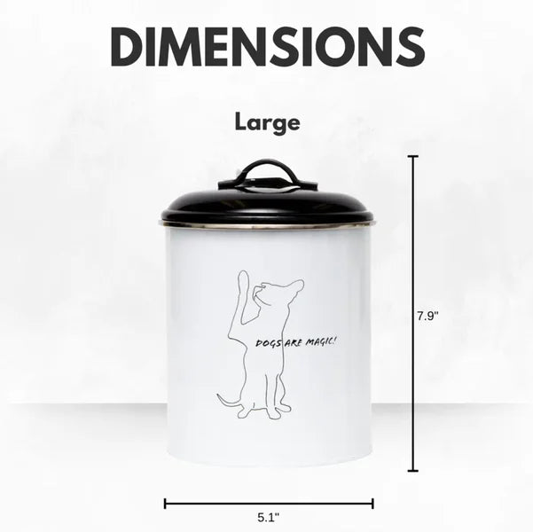 Large white storage jar with black lid and dog illustration, labeled 'Dogs are Magic!', on a white background with dimensions displayed.