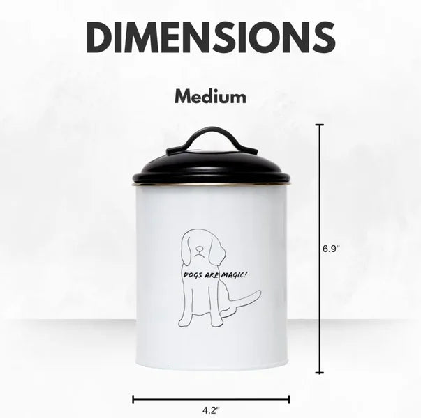 White container with black lid and 'Dogs are Magic!' text, dimensions displayed.