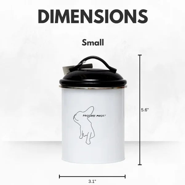 White container with black lid and dog illustration, labeled 'Small' with dimensions on a white background.