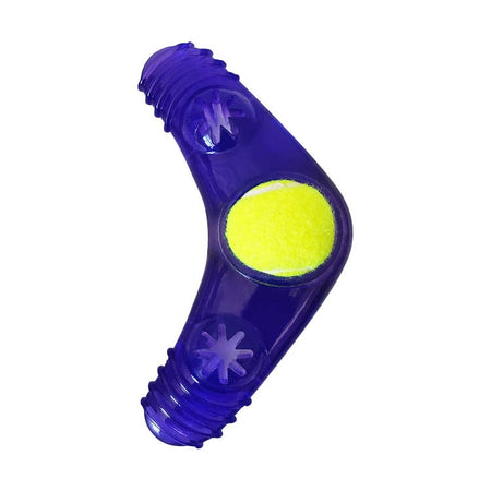 Purple and yellow dog toy on a white background