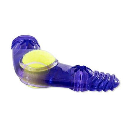 Blue plastic toy with a yellow ball inside on a white background
