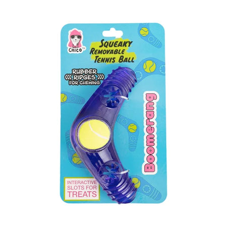 Blue and yellow dog toy with packaging on a white background