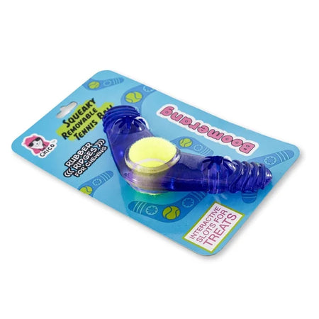 Blue dog toy with a yellow ball on a blue packaging background