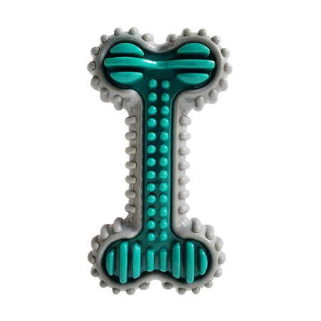 Teal and gray dog toy shaped like a bone on a white background