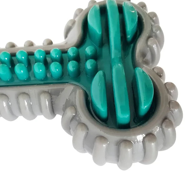 Teeth cleaning toy with green and gray design on a white background