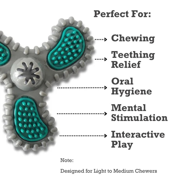 Dog toy with text indicating its uses for chewing, teething relief, oral hygiene, mental stimulation, and interactive play.