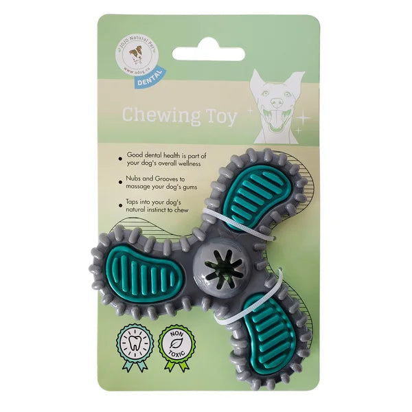 Dog chewing toy on a green packaging with text and icons.