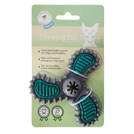 Dog chewing toy on a green packaging with text and icons.