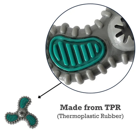 Close-up of a gray and green fidget spinner with text indicating it is made from TPR (Thermoplastic Rubber).