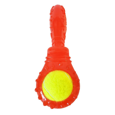 Red dog toy with a yellow ball on a white background