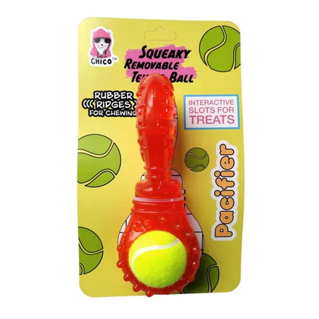 Red and yellow dog toy with pacifier on a yellow packaging background