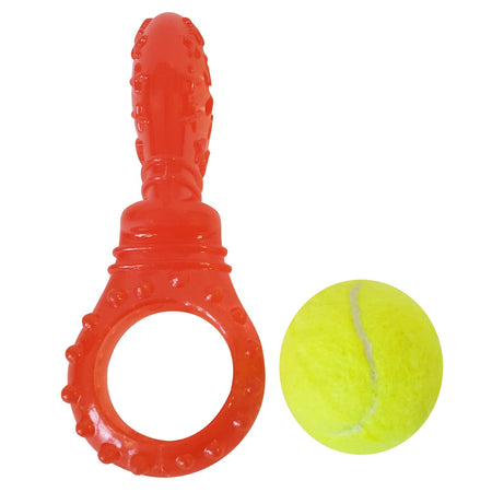 Red dog toy with a ring and a yellow tennis ball on a white background
