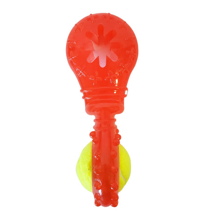 Red and yellow dog toy on a white background