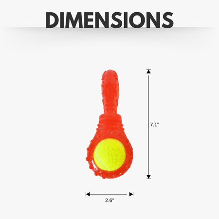 Red and yellow fishing lure with dimensions labeled on a white background