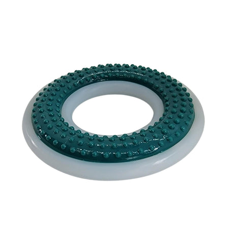 Green and white circular object with textured surface on a white background