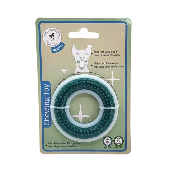 Dog chew toy packaging with text and branding on a beige background