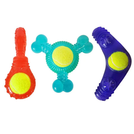 Three colorful dog toys with tennis balls inside on a white background