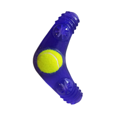 Blue toy with a yellow tennis ball inside on a white background