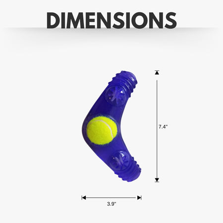 Blue dog toy with a tennis ball inside, showing dimensions on a white background.