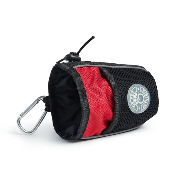 Black and red pouch with carabiner on a white background