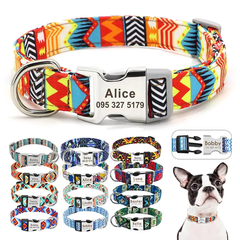 Adjustable Printed Nylon Dog Collar - Personalized ID with Engraved Name Buckle for All Dog Sizes - Dog Store Online