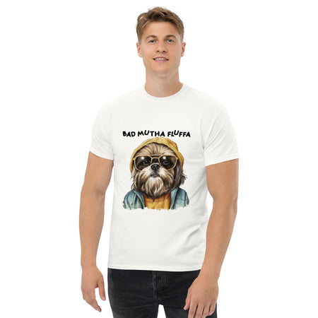 "Bad Mutha Fluffa" Dog Graphic T-Shirt lifestyle image man standing