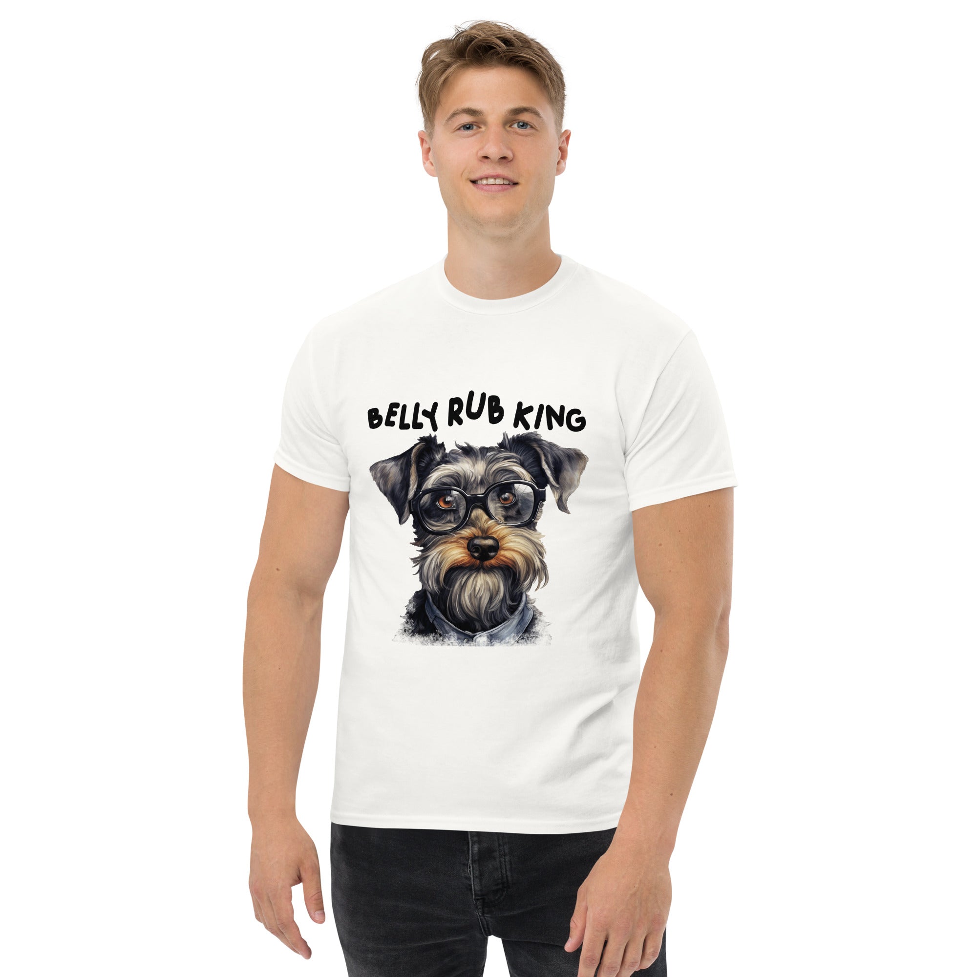 "Belly Rub King" Schnauzer Graphic T-Shirt lifestyle image man standing