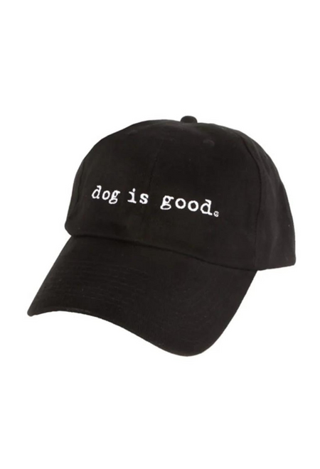 Black cap with 'dog is good' text on a white background