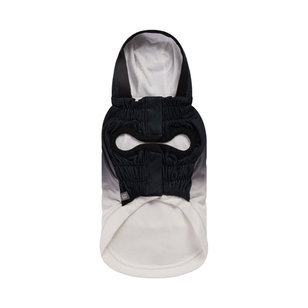 Black pet hoodie with mask on a white background