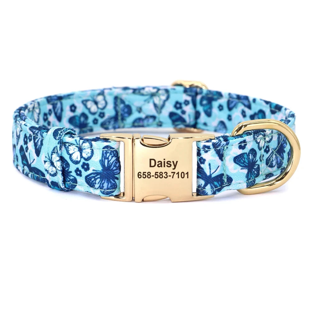 Personalized Print Nylon Dog Collar - Custom ID Tag for Small & Large Dogs BLUE BUTTERFLIES / S - Dog Store Online