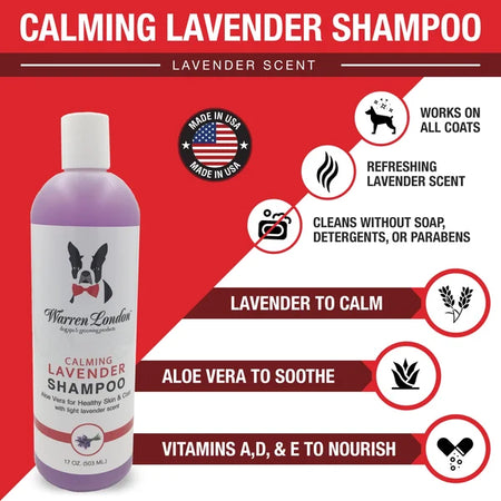 Warren London Calming Lavender Shampoo bottle with product features on a red background