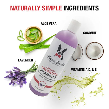 Warren London dog shampoo bottle with natural ingredients like aloe vera, lavender, and coconut on a white background.