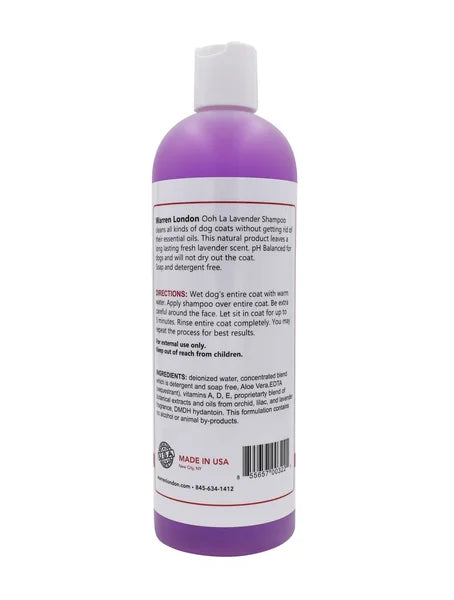 Purple bottle ofaven London dog shampoo with label on a white background