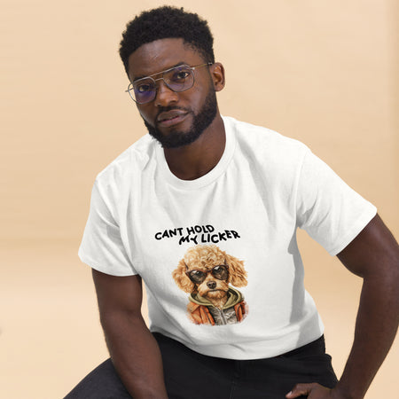 "Can’t Hold My Licker" Fluffy Dog Graphic T-Shirt lifestyle image with man sitting