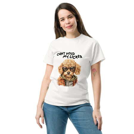 "Can’t Hold My Licker" Fluffy Dog Graphic T-Shirt lifestyle image with woman