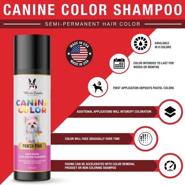 Canine Color Shampoo bottle with product details on a red background