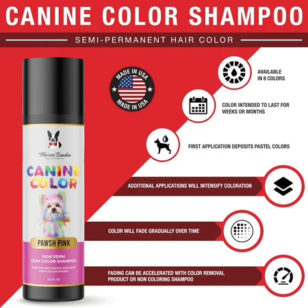 Canine Color Shampoo bottle with product details on a red background