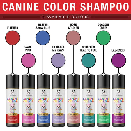 Dog shampoo color chart with 8 available colors and corresponding spray bottles.