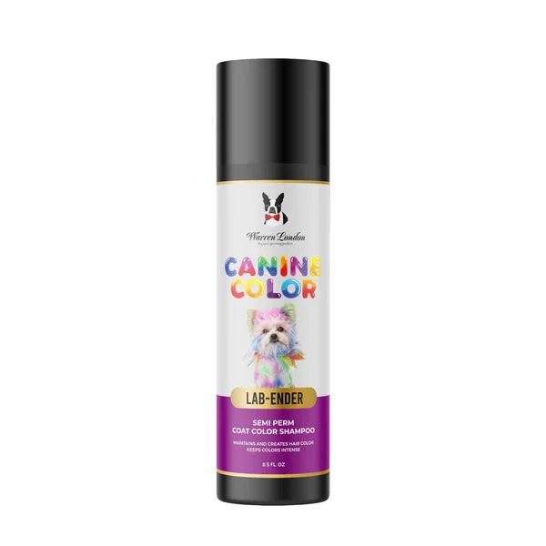 Dog shampoo bottle with colorful label on a white background