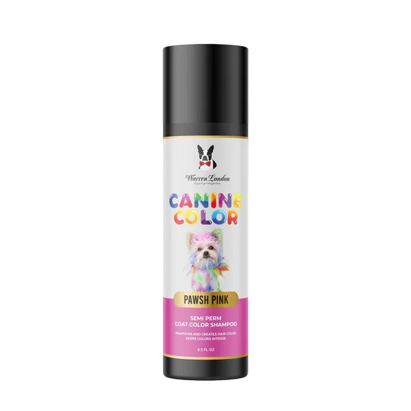 Dog shampoo bottle labeled 'Canine Color' with a dog illustration on a white background