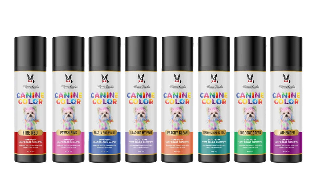 Set of eight 'Canine Color' spray cans with colorful labels on a white background