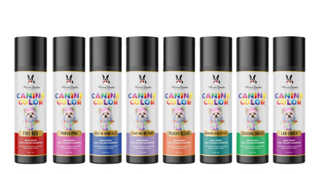 Set of eight 'Canine Color' spray cans with colorful labels on a white background