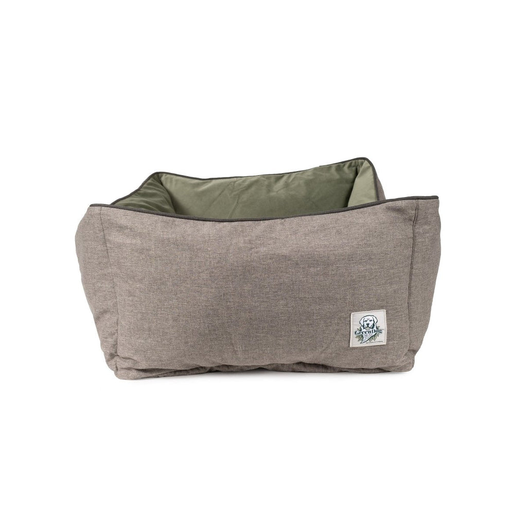Gray pet bed with green interior on a white background