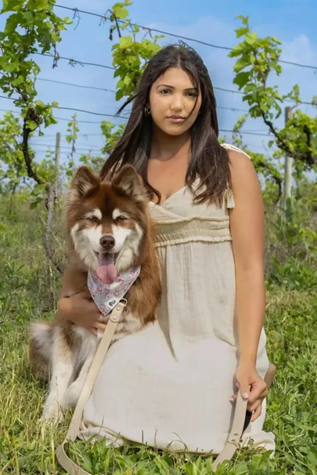 Champagne Fizz Vegan Leather Dog Collar - Aria the Fox with dog and girl