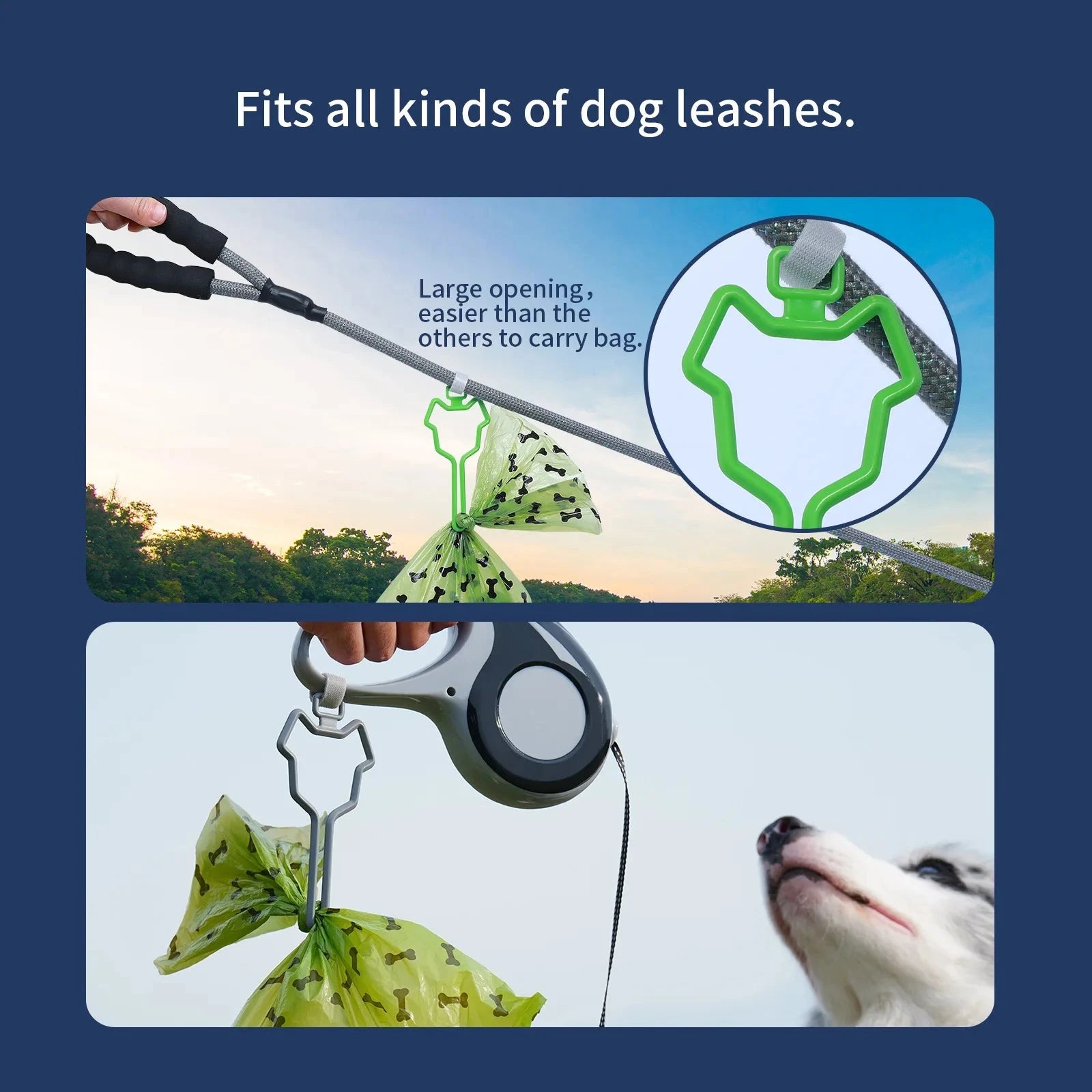 A blue graphic shows a hand holding a black leash handle with a green attachment clip. The Hands-Free Dog Poop Bag Clip – Effortless Clean-Up on Every Walk is holding a tied waste bag. The text at the top reads, 