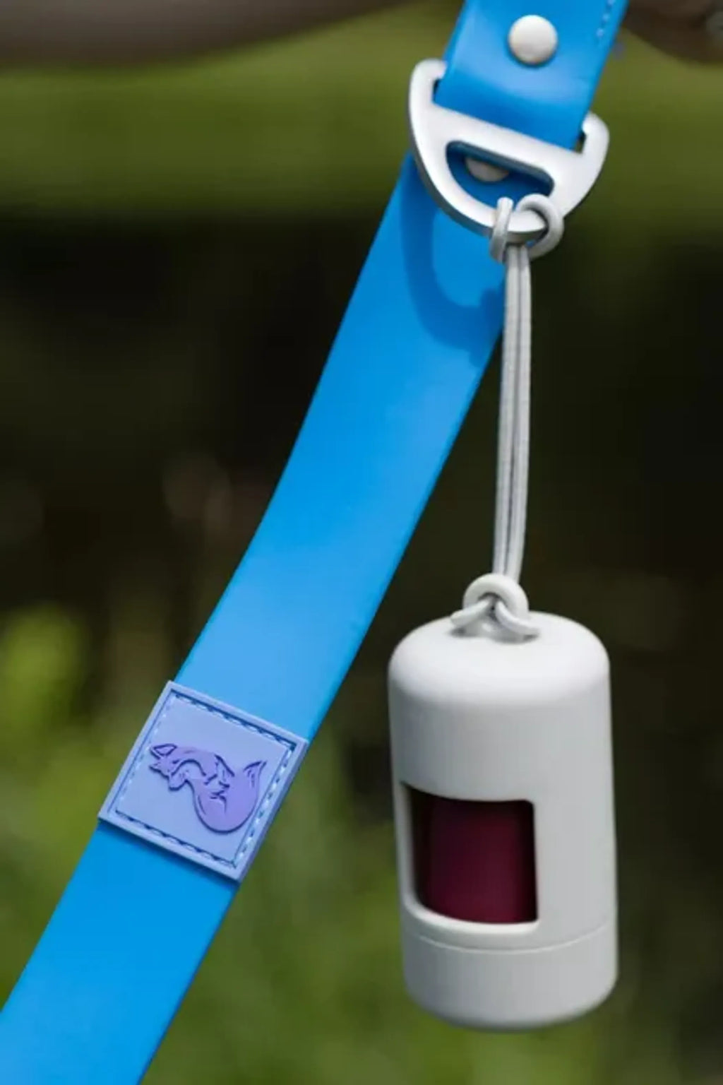 Cloud White Waste Bag Dispenser for Dogs - Aria the Fox on leash