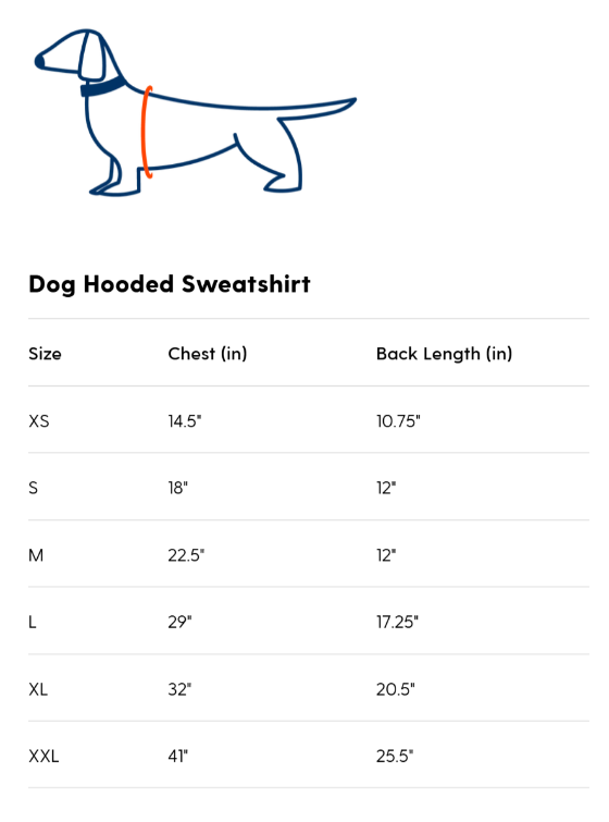 Dog hooded sweatshirt size chart with measurements for chest and back length.
